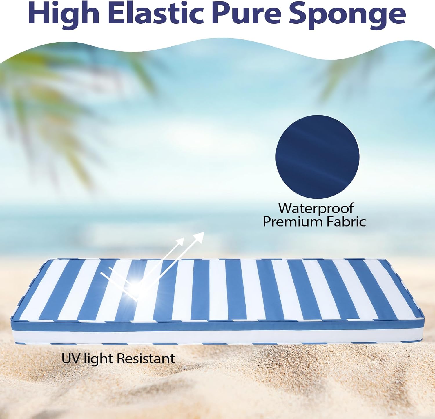 Outdoor Bench Cushion 42x18x3 Inch with Ties, Thick Waterproof Porch Swing Cushions for Patio Furniture Chair Pad, Seat Sofa Garden Replacement Cushion Sponge Filling (Blue&white Stripes, 42x18)
