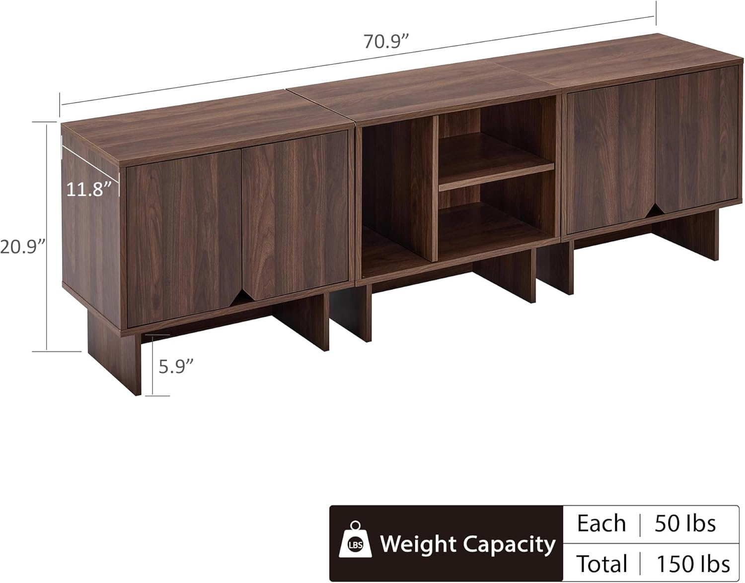 Modular TV Stand for 70-Inch TV,Also Used as Storage Sideboards,Bookcase,3pcs End Table,Nightstand,Buffet Cabinets with Adjustable Shelf,Coffee Table for Living Room,Dining Room,Bedroom, Walnut