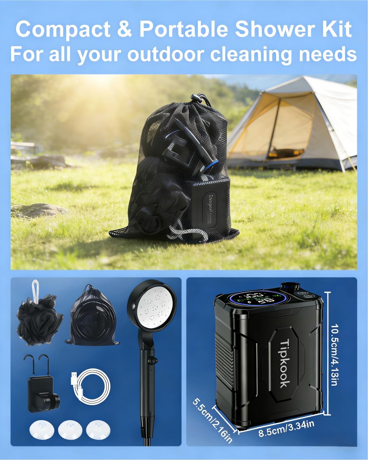 Doccia da Campeggio, [Aggiornata 13000mAh] Doccia Portatile, Ricaricabile USB, Doccia Pompa da Campeggio, per Animali Escursioni Spiaggia Giardino Lavaggio Auto