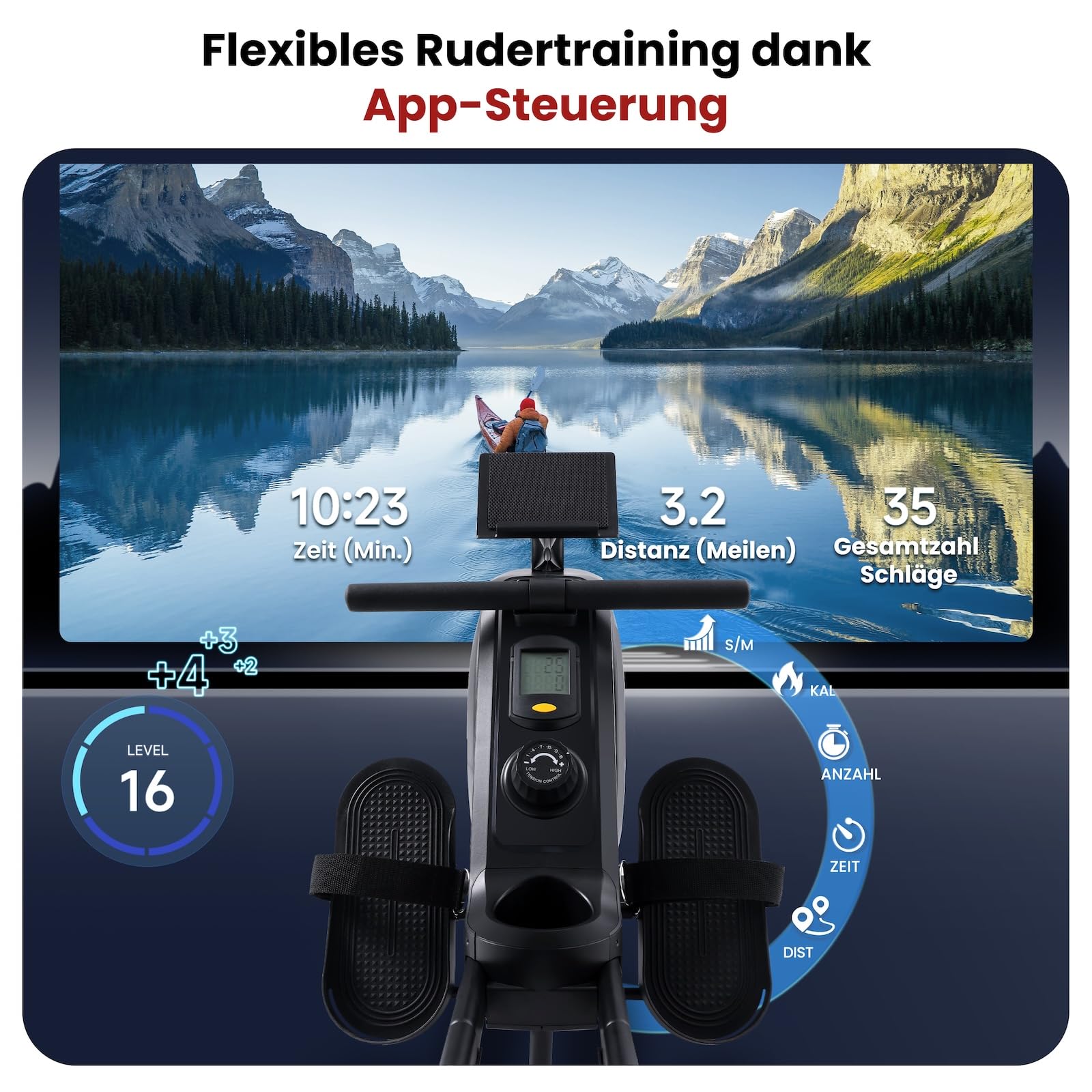 AsVIVA RA11 wioślarz domowy, 16 poziomów oporu, aplikacja Bluetooth, nachylenie szyny, do 135 kg