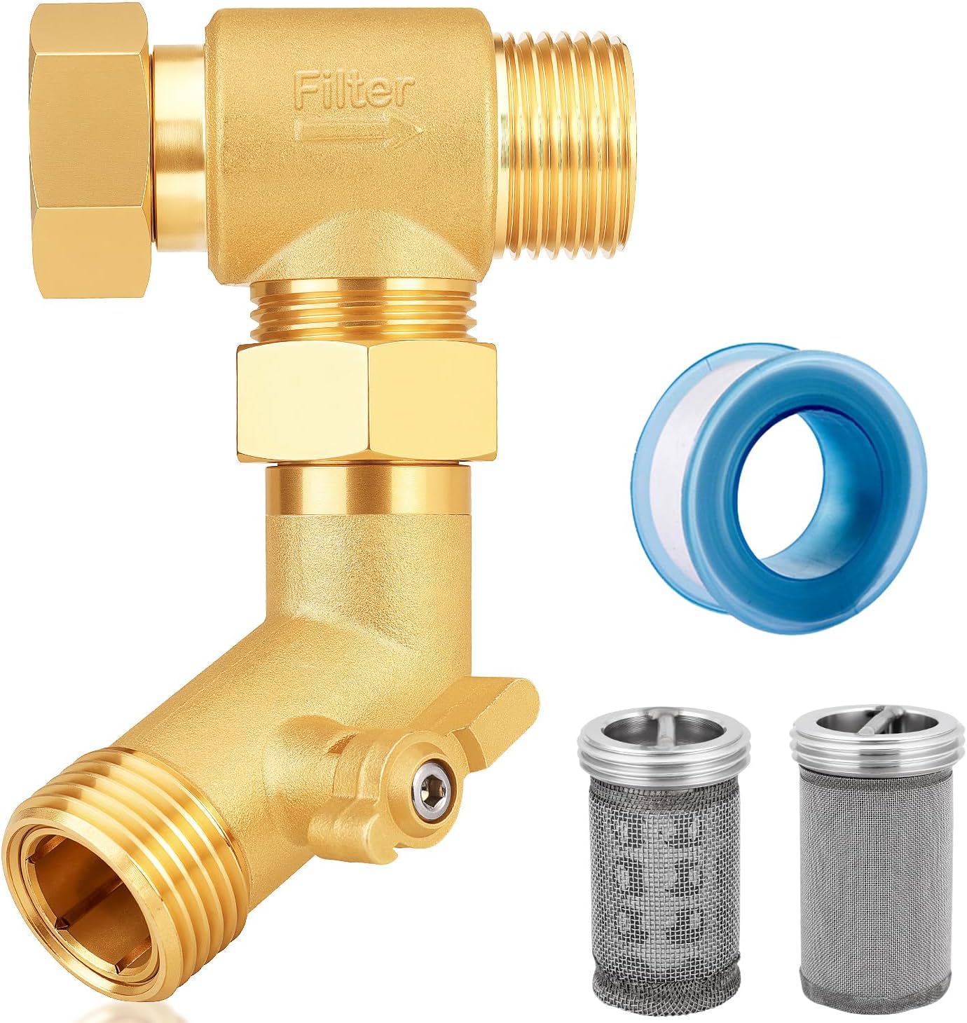Garden Hose Filter Attachment with 100 Mesh and 40 Mesh Stainless Steel Screen,Brass Filter Pressure Washer Inlet for RV Camping Car Wash Rainwater Filtration (with Valve)