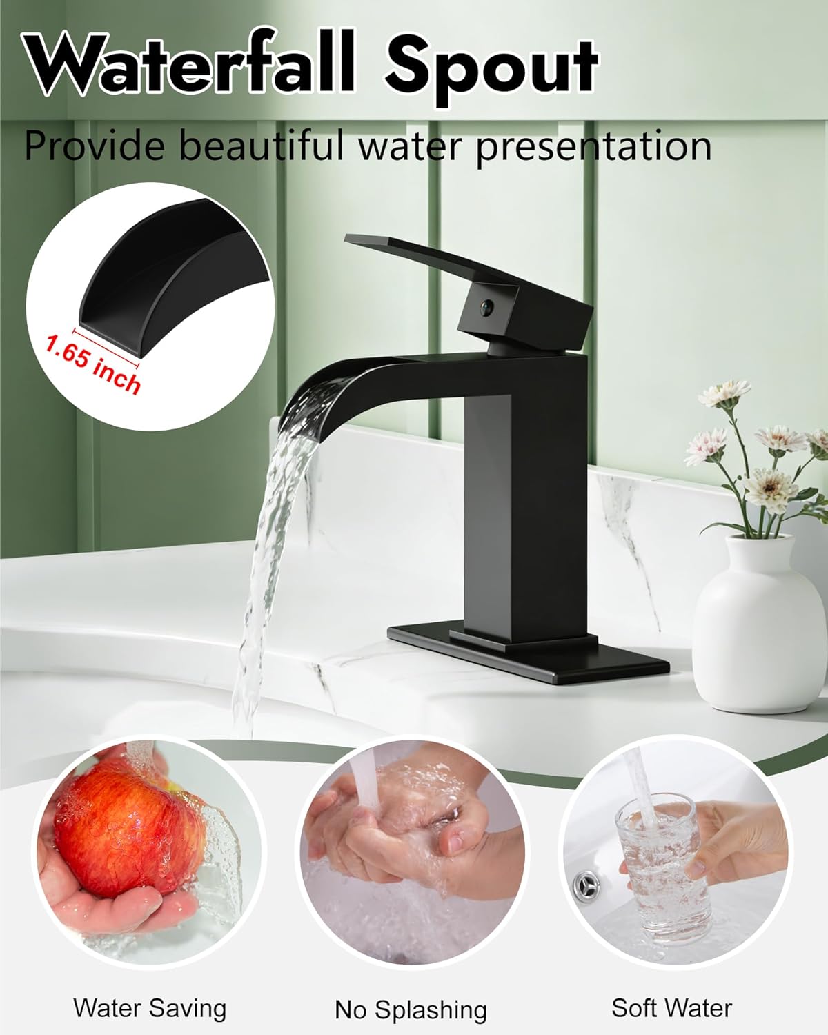 Midanya Waterfall Bathroom Faucet, Single Handle Bathroom Sink Faucet for Sink 1 or 4 Inch 3 Hole, Stainless Steel Vanity Faucets with Deck Plate and Pop up Drain,Matte Black