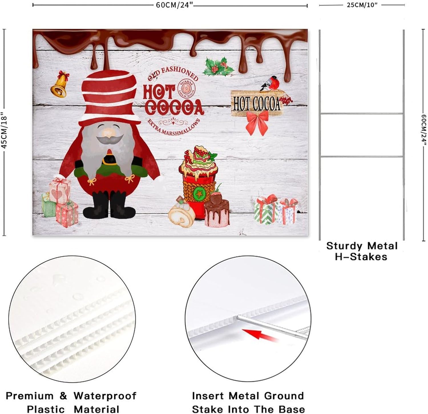Farmhouse Christmas Party Decorative Yard Sign 18x24in Christmas Hot Cocoa Gnome Waterproof Corrugated Plastic Yard Sign with H-Stakes Decorations for Lawn Garden Yard Home Outdoor