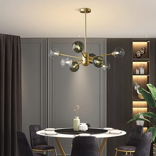 Miniatura 7 de KCO Lighting Modern Sputnik Candelabro de 8 luces – Candelabro satélite de latón cepillado con bolas de vidrio a rayas verdes – Iluminación de