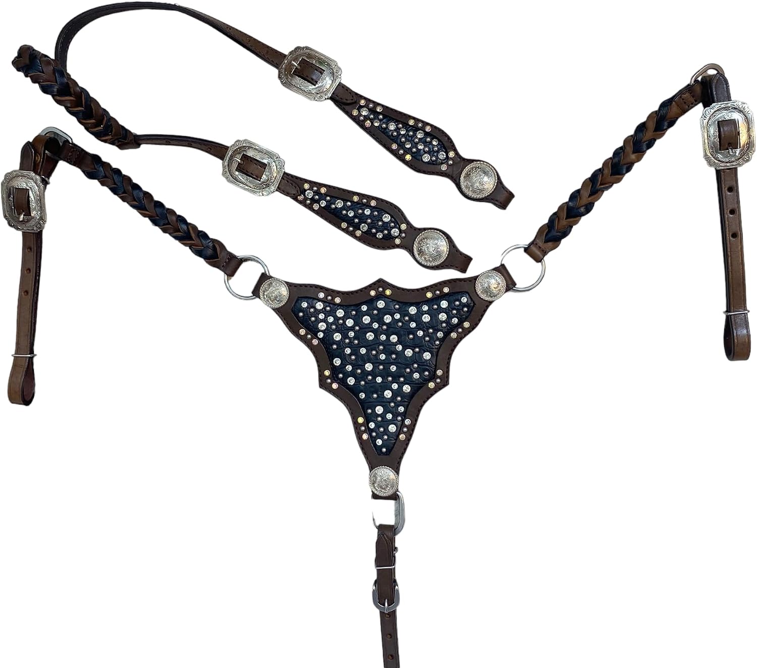 Black Alligator One Ear Headstall Bridle & Breast Collar Set - Genuine Argentine Cow Leather, Clear Rivets & Silver Studs Decoration