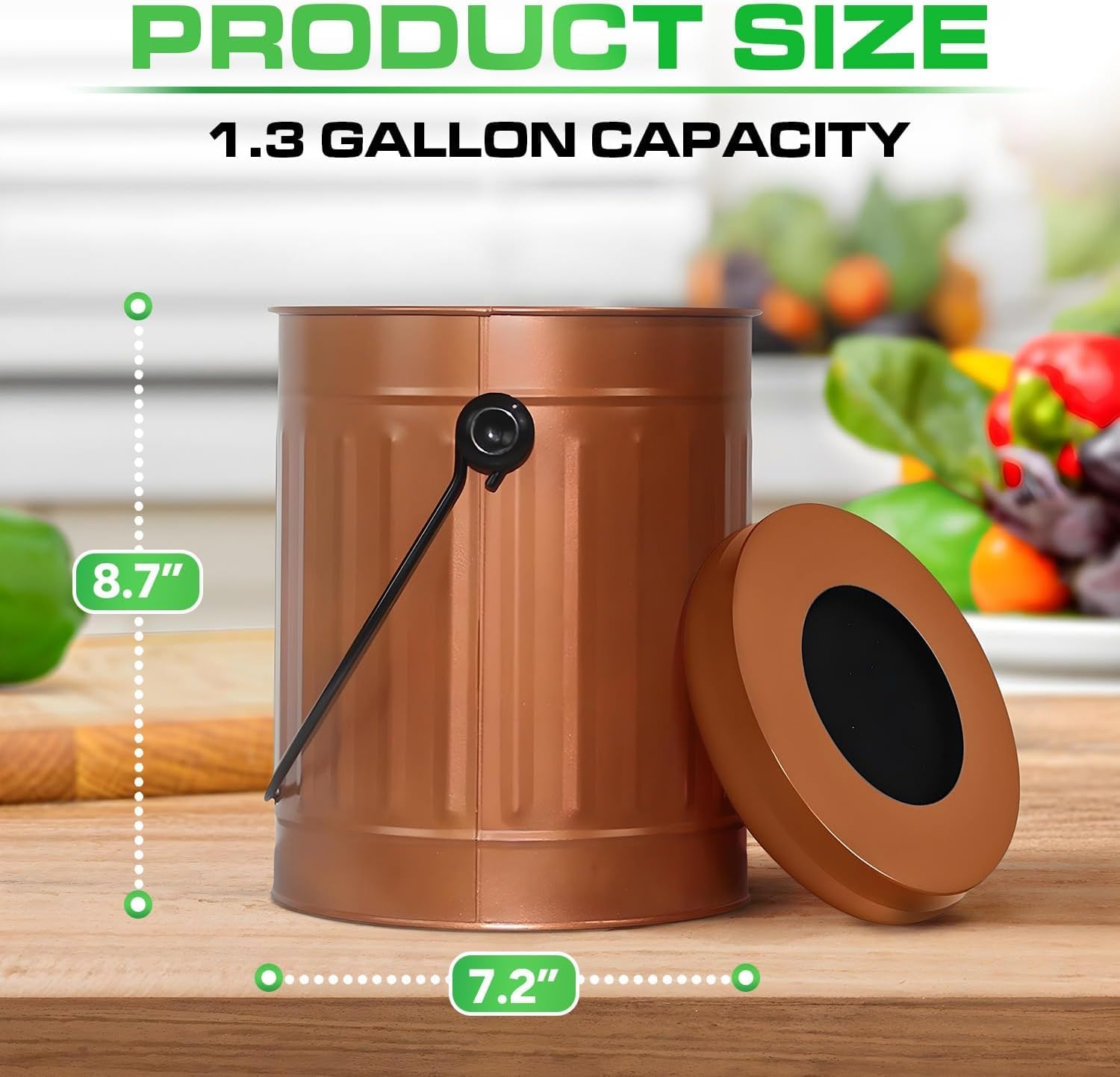 Plexon 1.5 Gallon Kitchen Compost Bin with Lid, Odor-Free Metal Compost Container, Copper Steel Waste Pail with Charcoal Filter for Indoor Use, Bronze Color