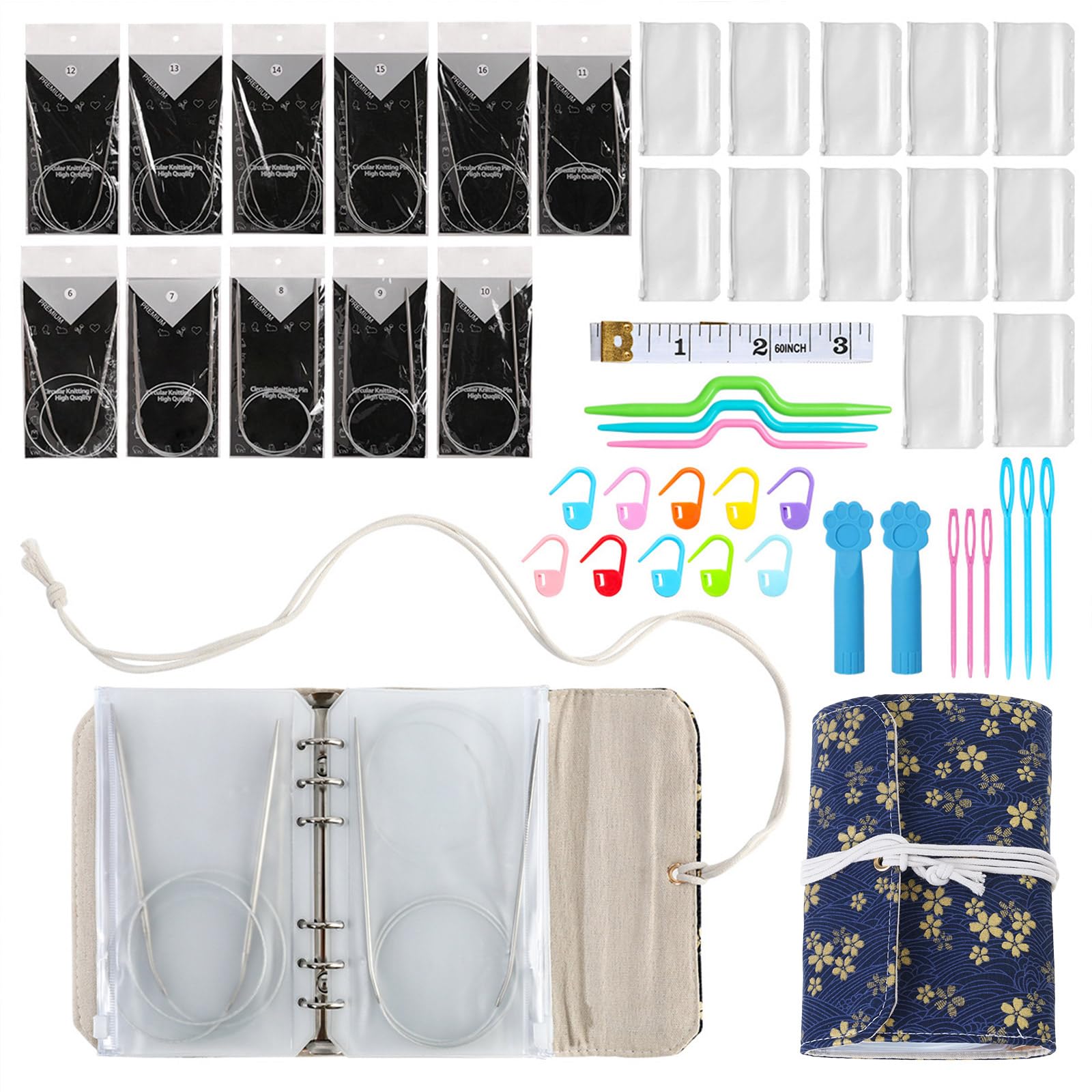 Rundstricknadel-Organizer-Tasche mit 12 abnehmbaren PVC-Bindertaschen mit Reißverschluss, tragbares Stricknadeletui zum Nähen Küche,