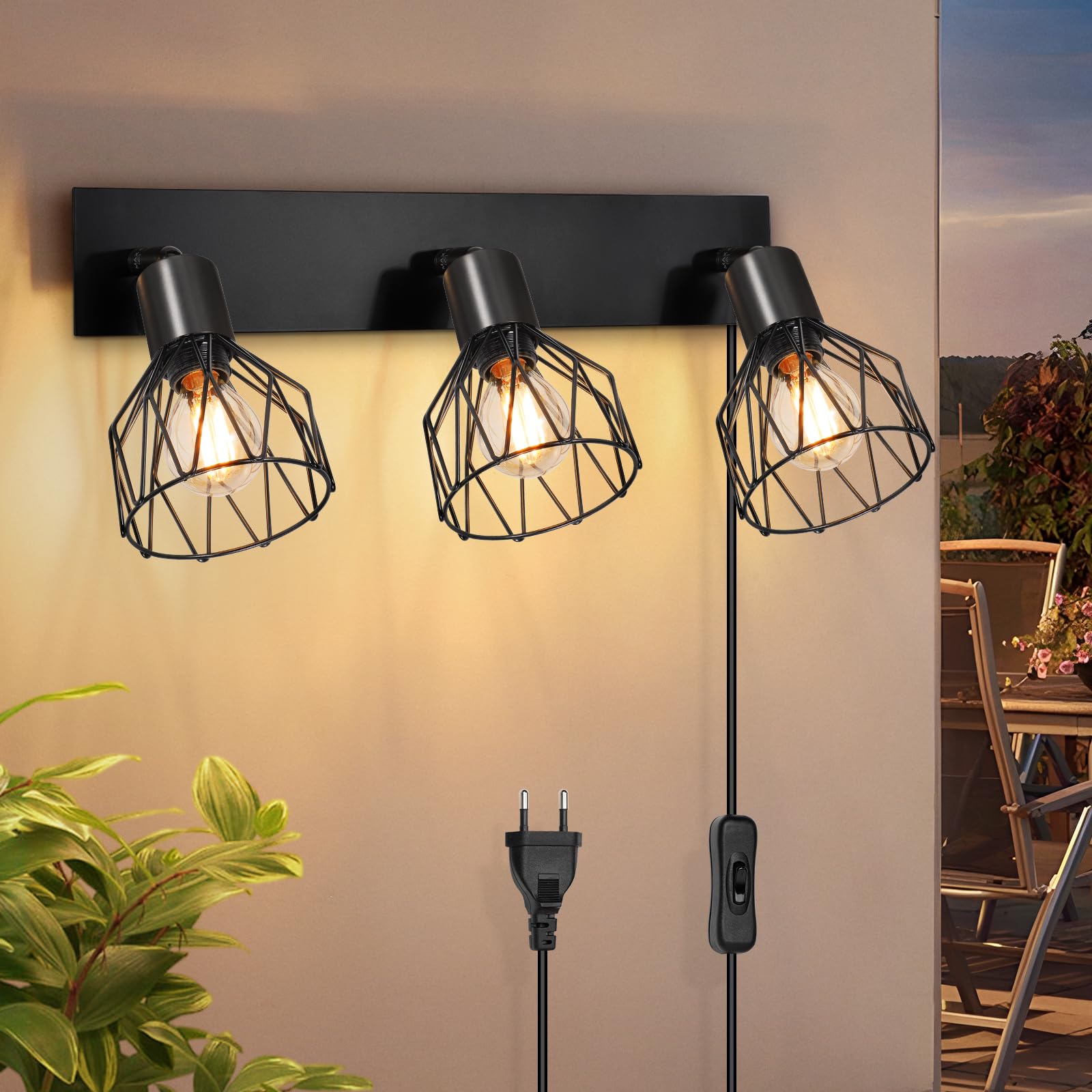 Kimjo Wandlampe mit Schalter, Stecker und Drehbarer 3-Flammiger - Schwarz Deckenlampe mit Kabel, Wandspot E14 ohne Leuchtmittel