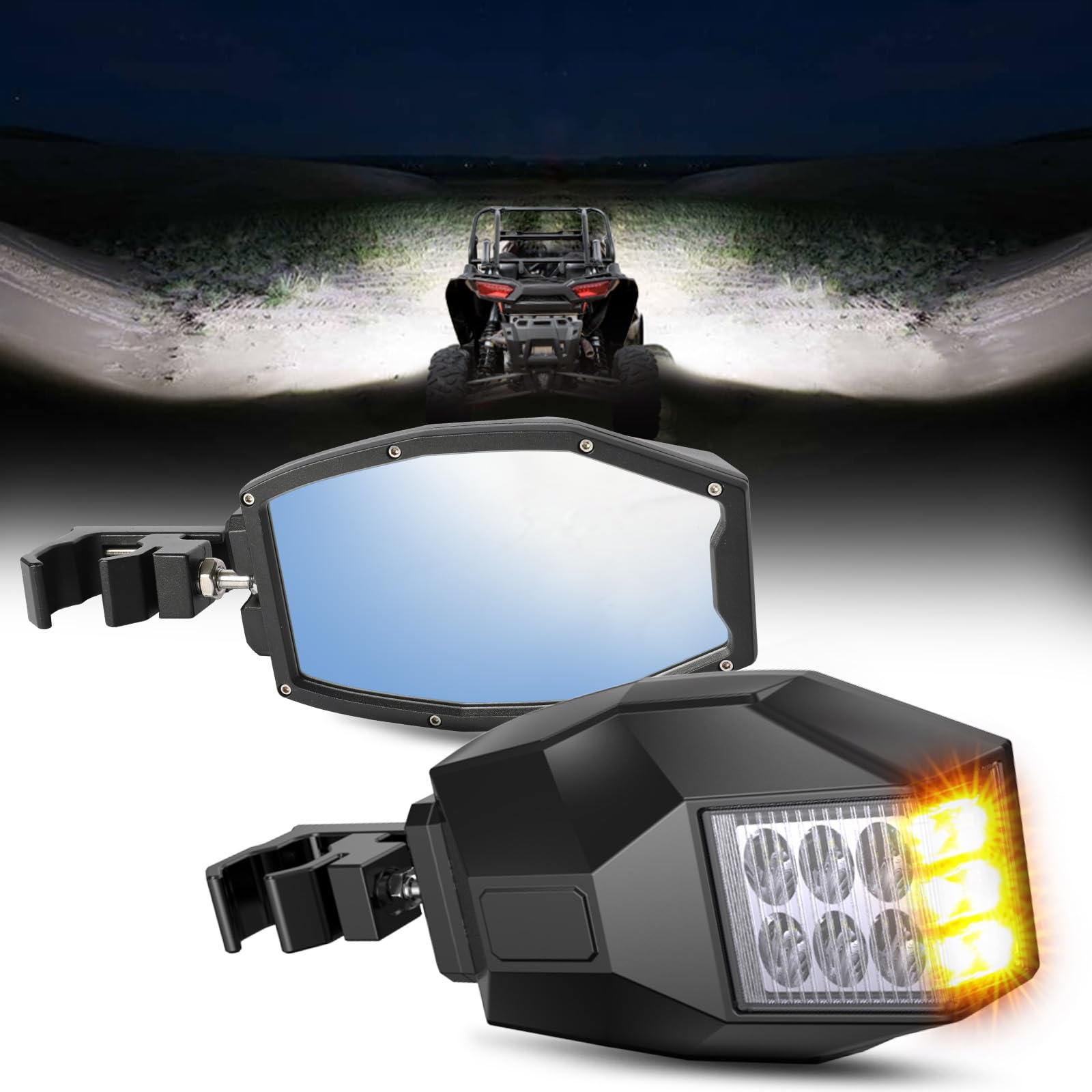 BraveWAY Side View Mirrors with Turn Signal + Work Lights Flood Beam for ATV UTV 1.75"-2", Compatible with Pioneer Polaris RZR Side by Side Can Am X3 Kawasaki Teryx Mule Yamaha Rhino Wolverine