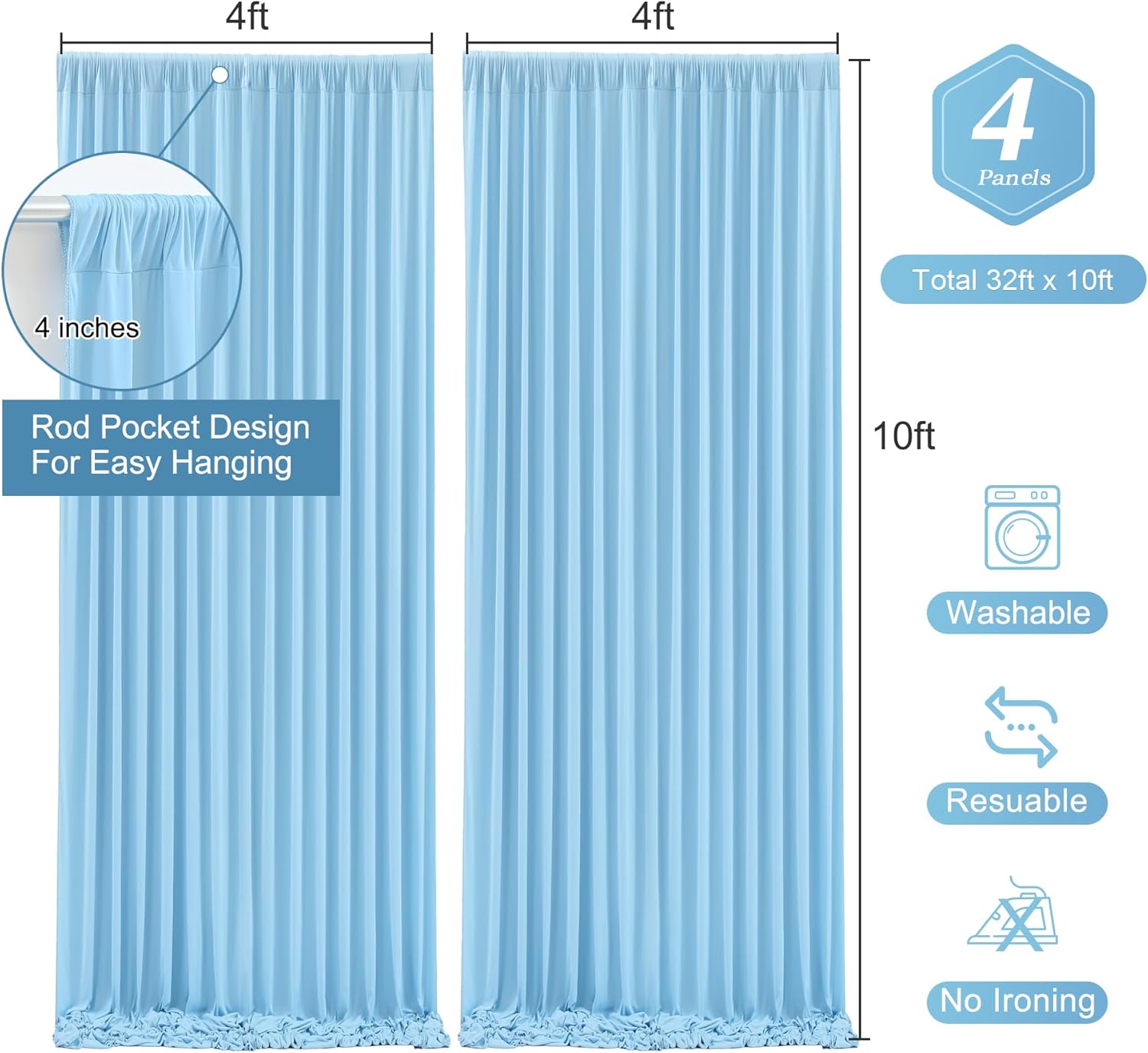 Blue Backdrop Curtains 4 Panels - Wrinkle-Free Light Blue Curtains Polyester Photography Drapes Photo Background for Baby Shower Birthday Party Decorations- 16 X10FT (Blue)