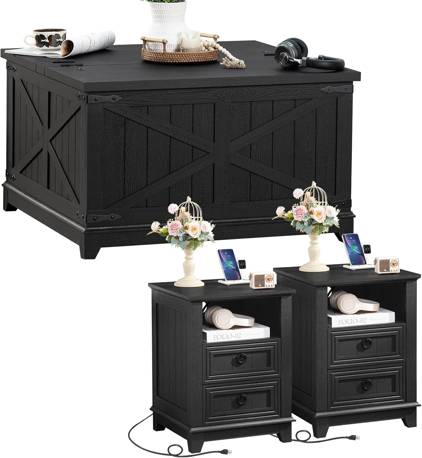 Farmhouse Coffee Table Set of 3, Furniture Set with Charging Station, Coffee Table with Hidden Storage Organizer and Nightsand 3-piece set, Country Center Table Set for Living Room,Office, Home