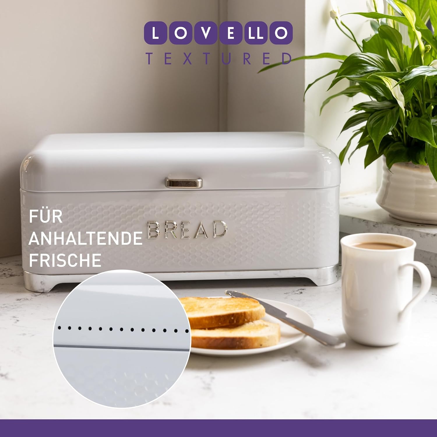 KitchenCraft LOVELLO LOVBBWHT Textured Bread Bin, 42 x 22 x 18 cm, White