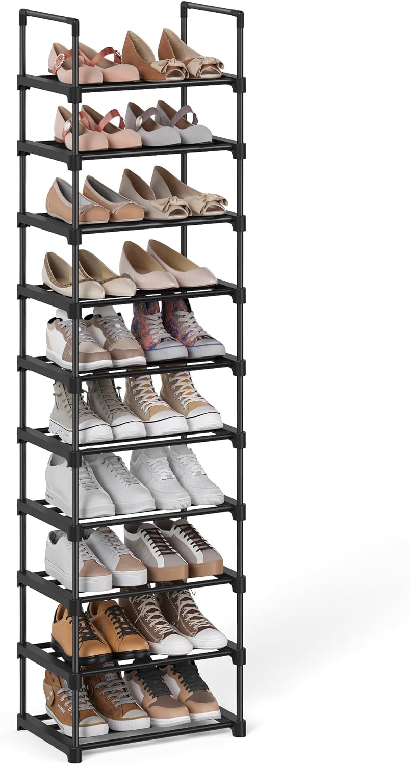 SONGMICS Półka na buty z 10 półkami, duża metalowa półka na buty, DIY, półka stojąca, oszczędzająca miejsce, wielofunkcyjna, salon, sypialnia, kuchnia, 45 x 30 x 174 cm, czarna LSA25BK