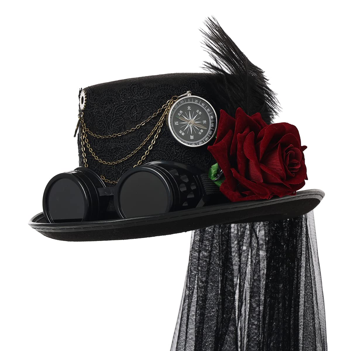 BPURB Chapeau Haut de Forme Steampunk Unisexe Adulte avec Lunettes Gothique Victorien Dentelle Voile Plume Chapeau Haut de Forme