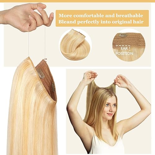 Miniatura 6 de Anrosa Extensiones de cabello con alambre invisible con alambre transparente, 18 rubio ceniza con reflejos 60 rubio blanco de 16 pulgadas,