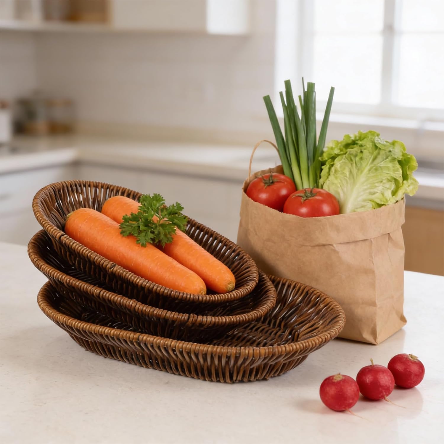 3 Pack Wicker Baskets, Tabletop Food Serving Basket Trays, Bread Baskets Sets, Handwoven Storage Basket Bin, Fruit Vegetables for Home, Restaurant, Bakery, 3 Sizes