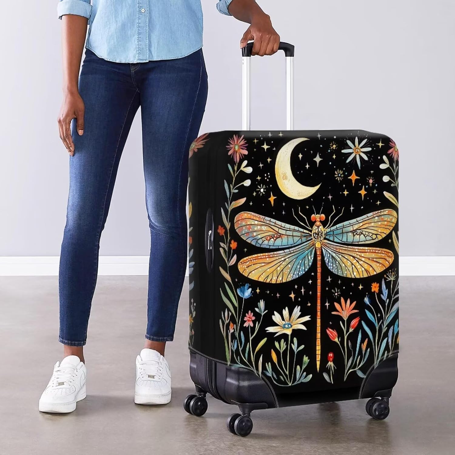 Moon Dragonfly Travel Luggage Cover Thickened Suitcase Case 25-28 Inch Spandex Protective Case Washable Dragonfly Suitcase Case for Luggage Women Cute Travel Bag Baggage Covers