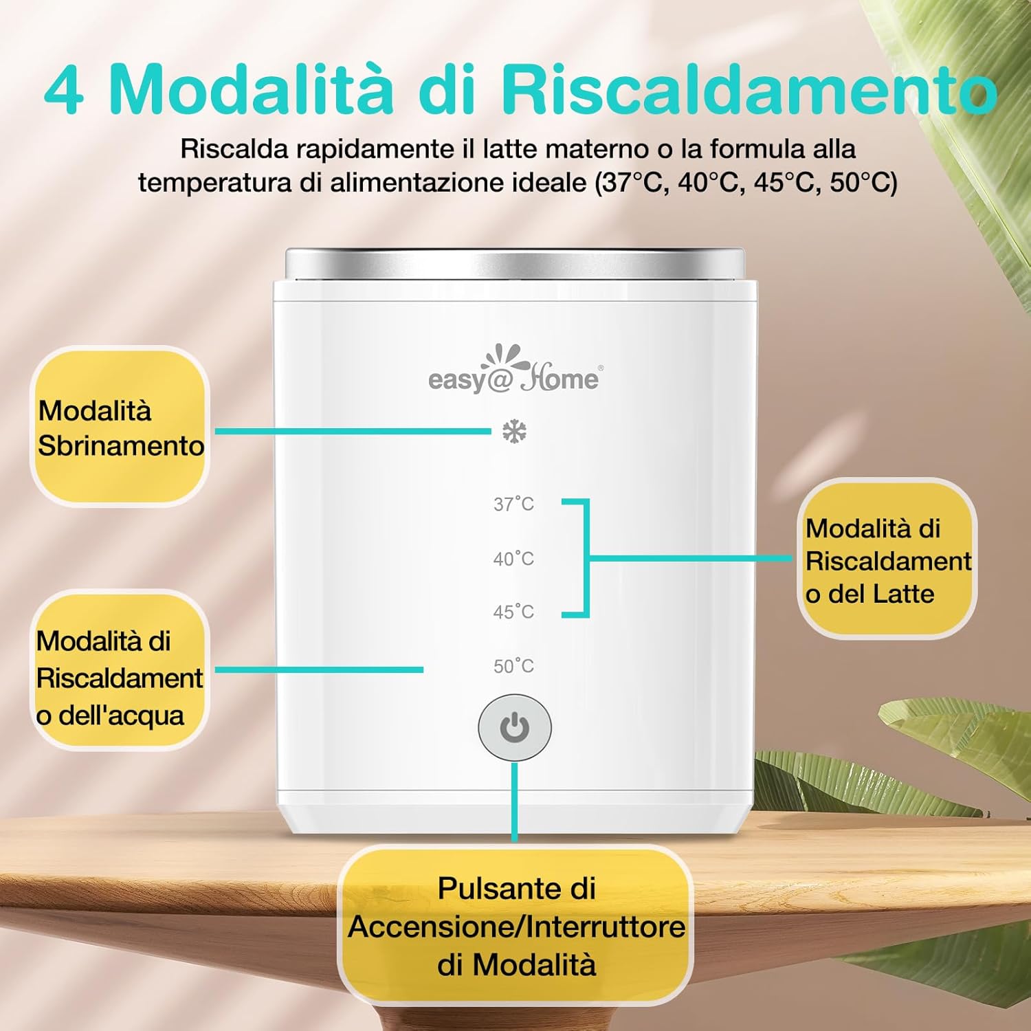 Image illustrating the four temperature modes and control button on the Easy@Home bottle warmer.