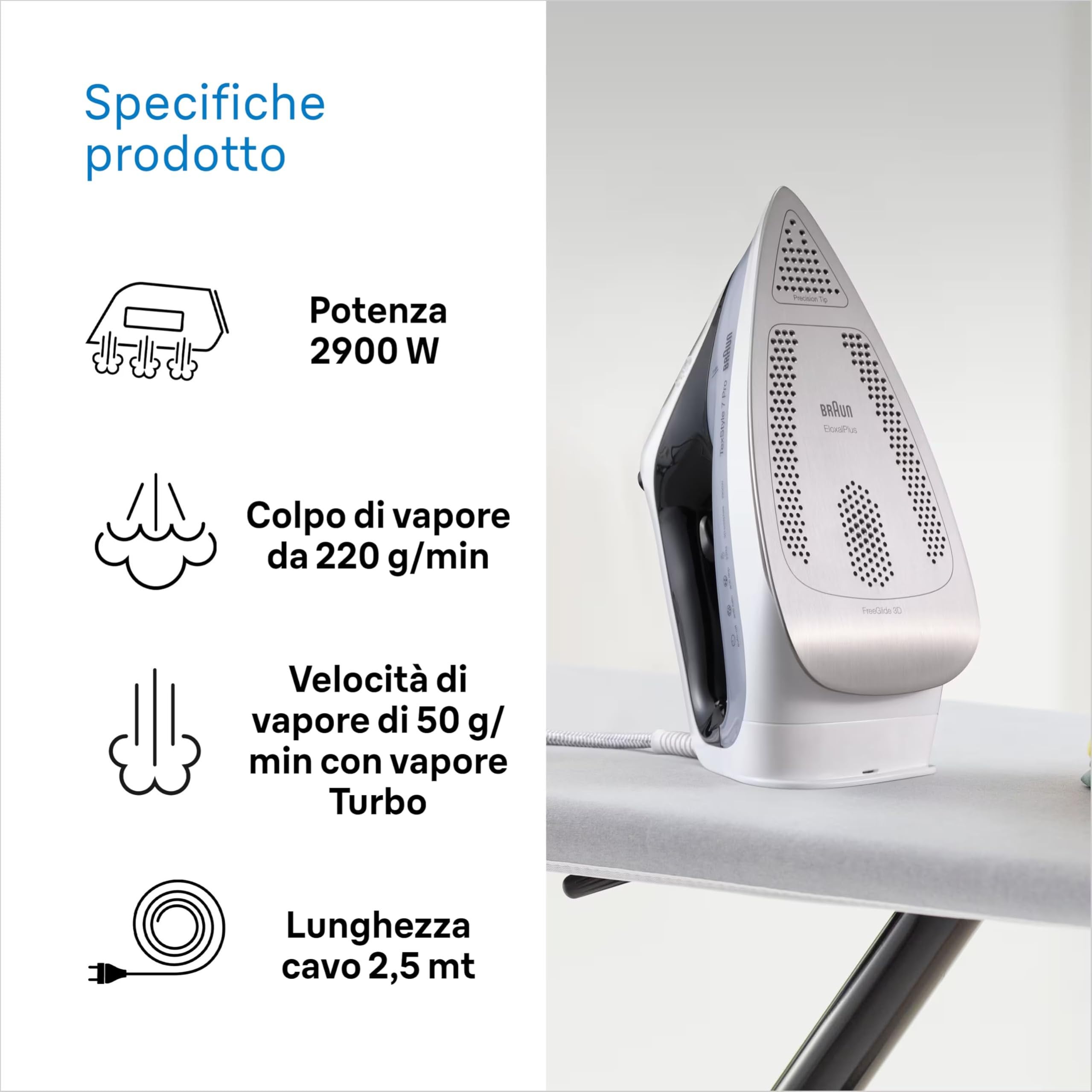 Braun TexStyle 7 Pro SI7149WB, Ferro da Stiro con Piastra FreeGlide 3D EloxalPlus, 220 g/min, Punta di Precisione, Manico Ergonomico, Ricarica da 300ml, Sistema Antigoccia, 2900W, Bianco/Grigio