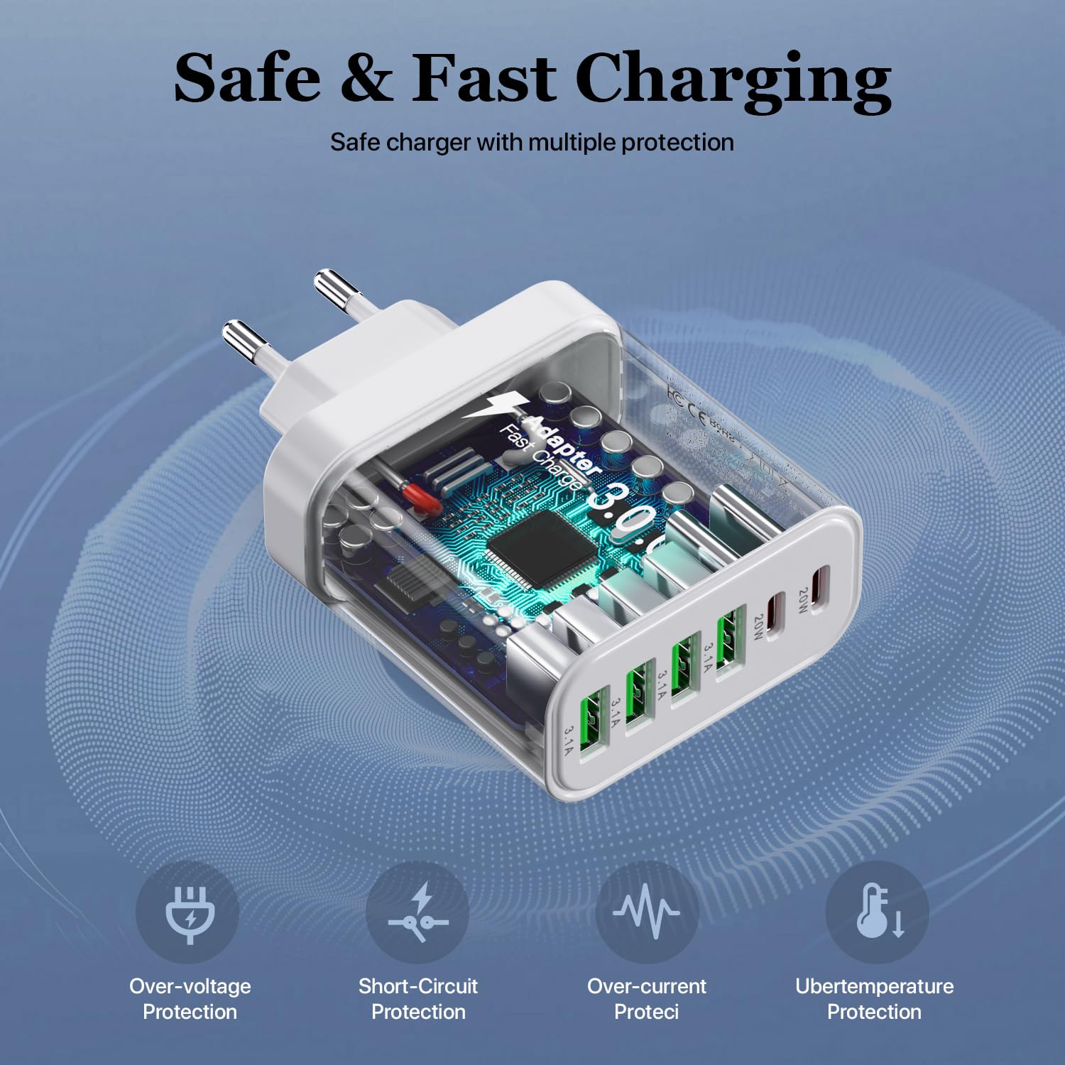 Lot de 2 chargeurs USB C, multi-ports, bloc de charge 52 W, 6 ports, chargeur rapide double PD, chargeur mural USB C de type C, adaptateur compatible avec iPhone 12/13/14/15/Samsung S24/S23/S22.