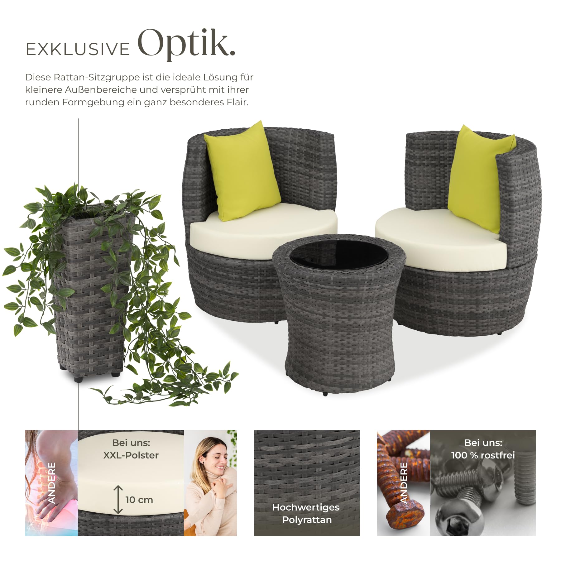 tectake® Rattan Set 2 Personen, Balkonmöbel, Aluminium Gartenmöbel Set, Outdoor Sitzgruppe mit 2X Stuhl, 1 Beistelltisch rund, 1 Vase, platzsparend zusammenschiebbar, mit Polster und Kissen - grau