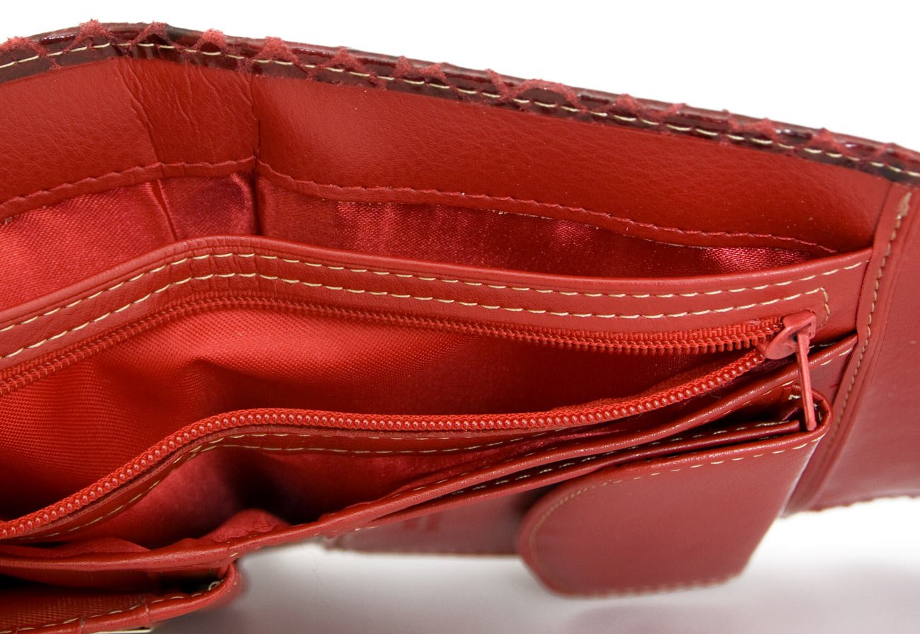 Cartera de Cuero Rojo Genuino para Mujer Hecha de Cuero Genuino sólido de Vaca con la imitación Superficial Serpiente
