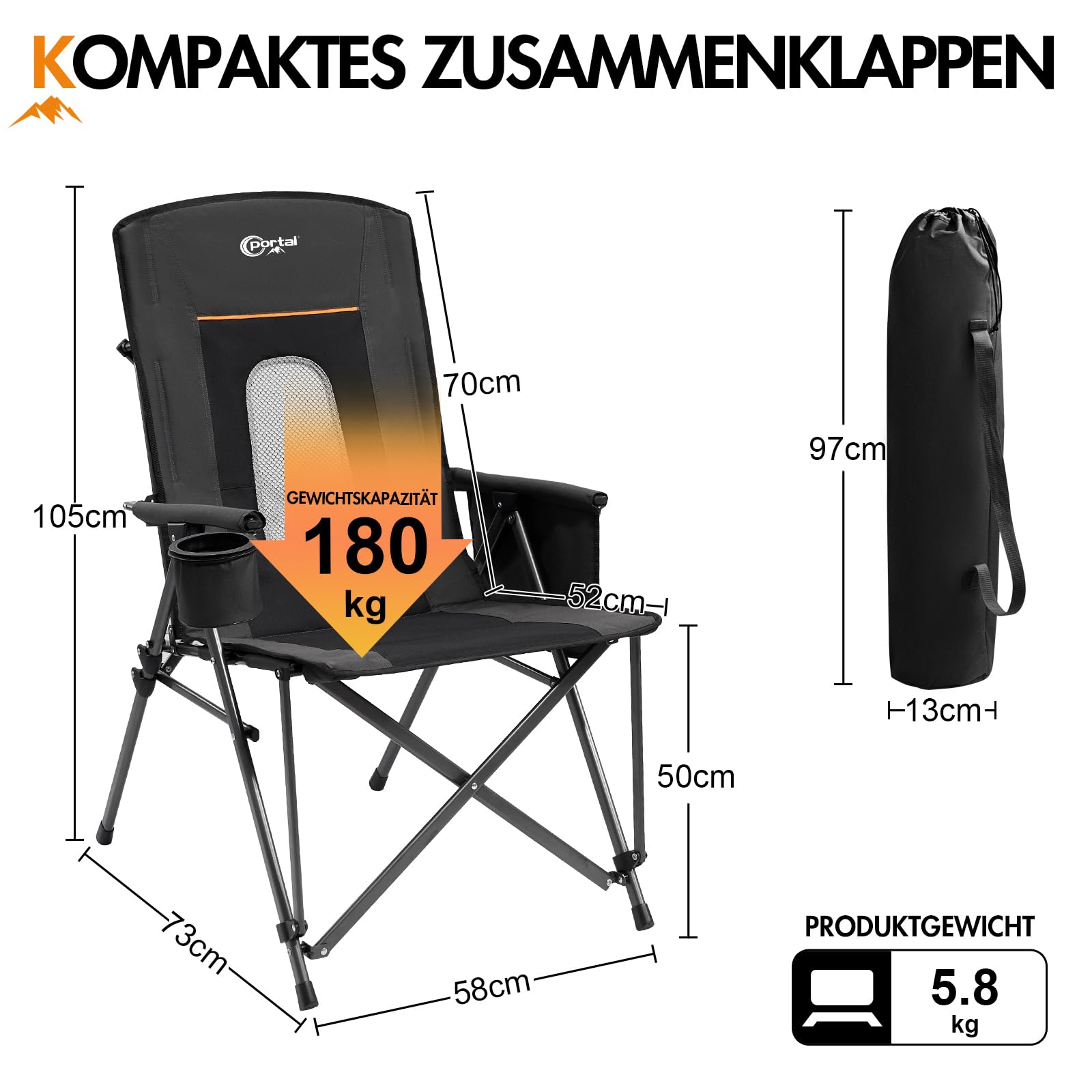 Portal Campingstuhl Faltbar Klappstuhl 180 KG Belastbar mit Hochlehner Verstellbar Camping Anglerstuhl Gartenstuhl Sessel mit Tasche Getrankhalter für Garten Balkon Picknick