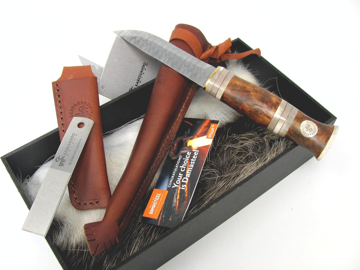 Swedish Handmade Hunting Knives Karesuando Kniven Damascus Damasteel DS93X Blade Nordic Light Handle Curly Birch and Reindeer Antler