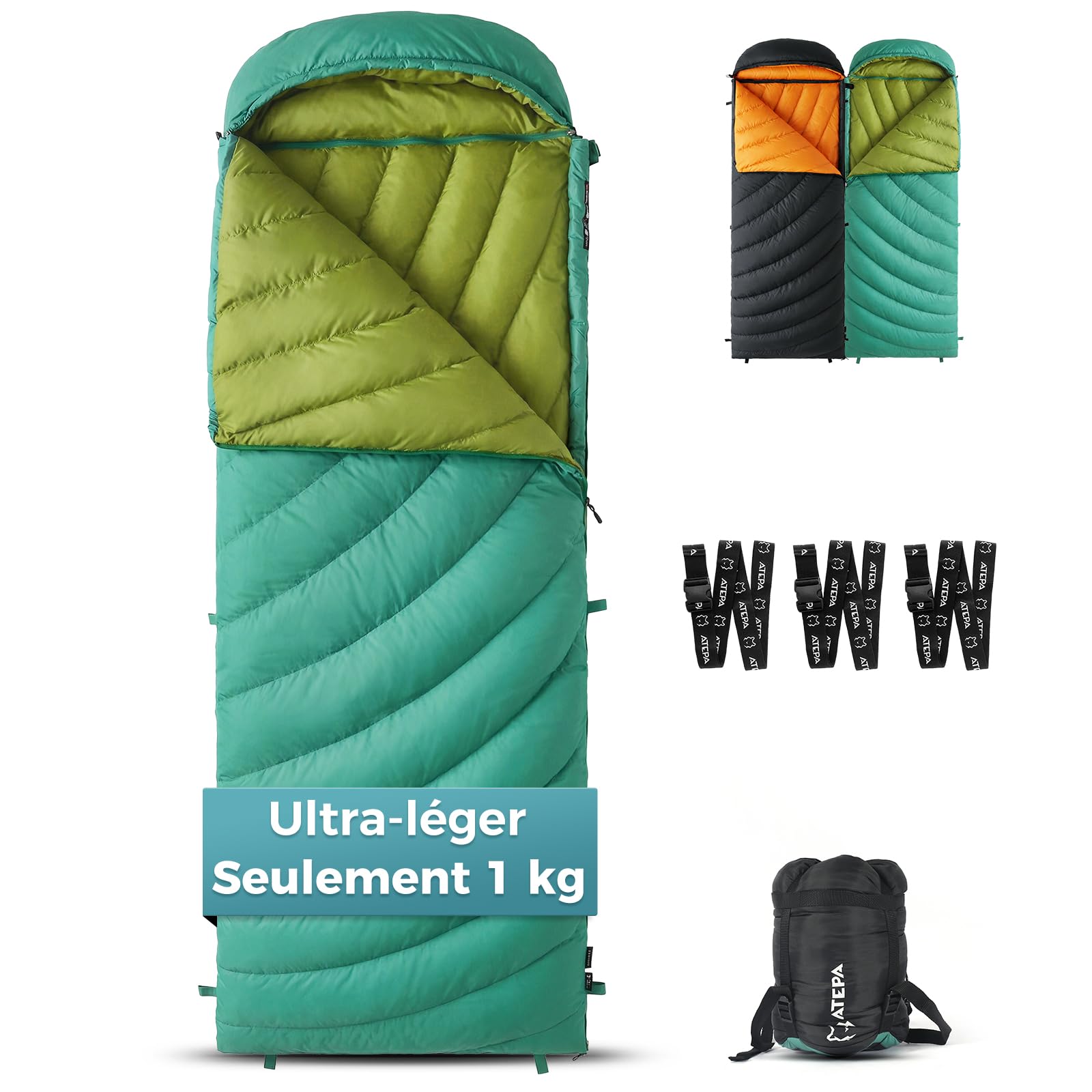 ATEPA Sac de couchage en duvet, sac de couchage d'extérieur avec duvet 600 FP, imperméable, sac de couchage pour 4 saisons, idéal pour les adultes pour le camping, les voyages et les aventures