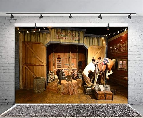 Miniatura 4 de Telón de fondo estable del viejo salvaje oeste de 7 x 5 pies, caballo vaquero del oeste de Texas en granero, yunque de árbol, tronco, linterna,