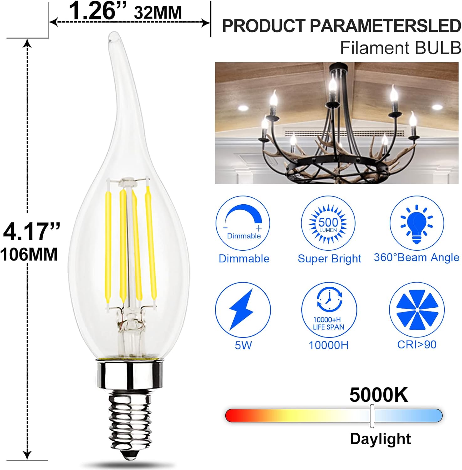Energetic 24 Pack Dimmable Candelabra Led Light Bulb, CA10 Shape,Flame Tip Style, 60 Watt Equivalent, 500LM 5000K Daylight, E12 Base, LED Candelabra Bulb,CRI 90+, UL Listed, for Decoration
