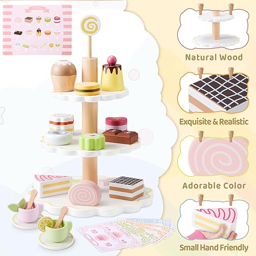 Miniatura 5 de Juego de fiesta de té de madera para niñas pequeñas, juguete de la hora del té de la princesa de Ehome que incluye bandeja de postre, 31 piezas de