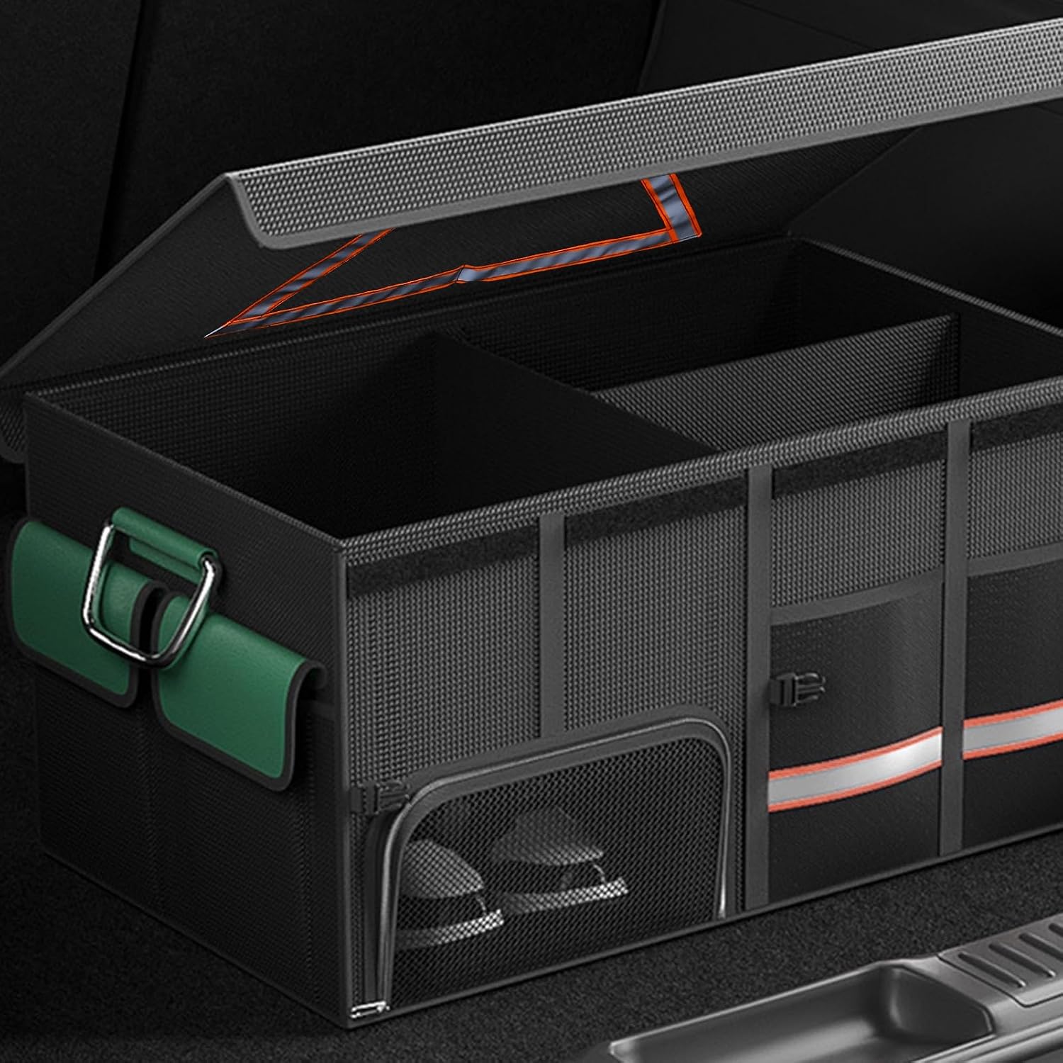 Car Trunk Foldable Waterproof Storage Multi Compartments with Lid Reflective Belt Slip Bottom