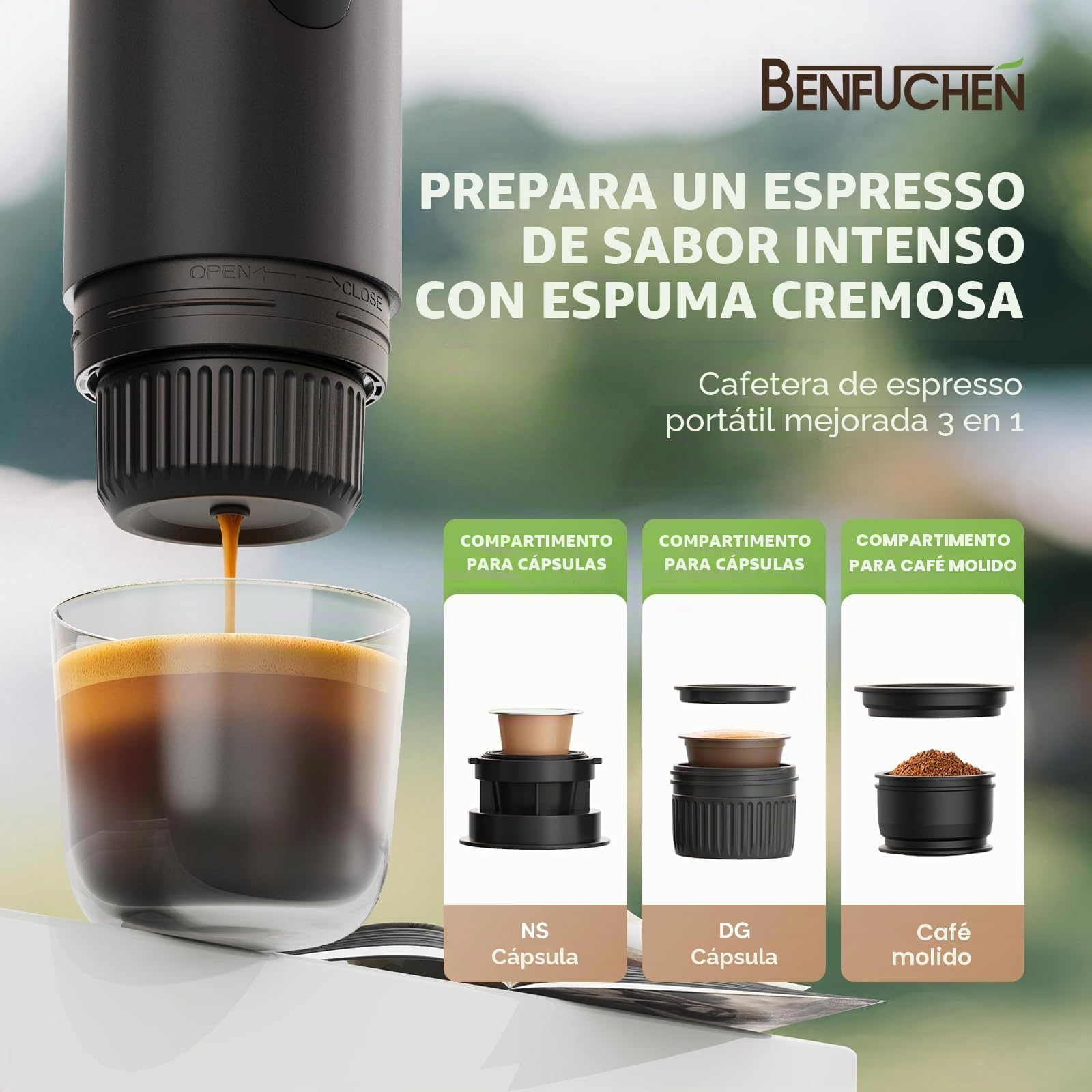 Cafetera portátil 3 en 1 de 19 bares con calefacción automática, compatible con cápsulas NS y DG y café molido para camping, senderismo, viajes y hogar (negro)