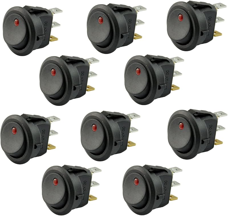 Chave interruptora basculante redonda AutoEC com LED vermelho 12 V 20 A SPST – 10 unidades