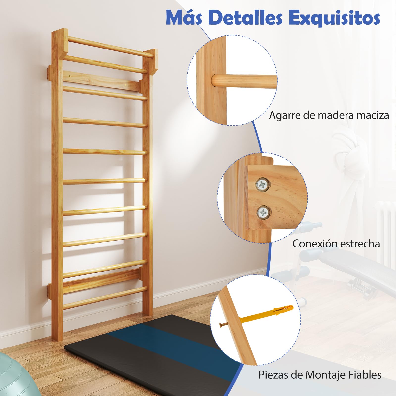 GYMAX Espaldera Gimnasio para Niños y Adultos, Carga de hasta 100 kg, 195 x 80 x 14 cm, Escalera Sueca con 10 Barras, Espaldera de Madera de Pino para Gimnasia, Fitness