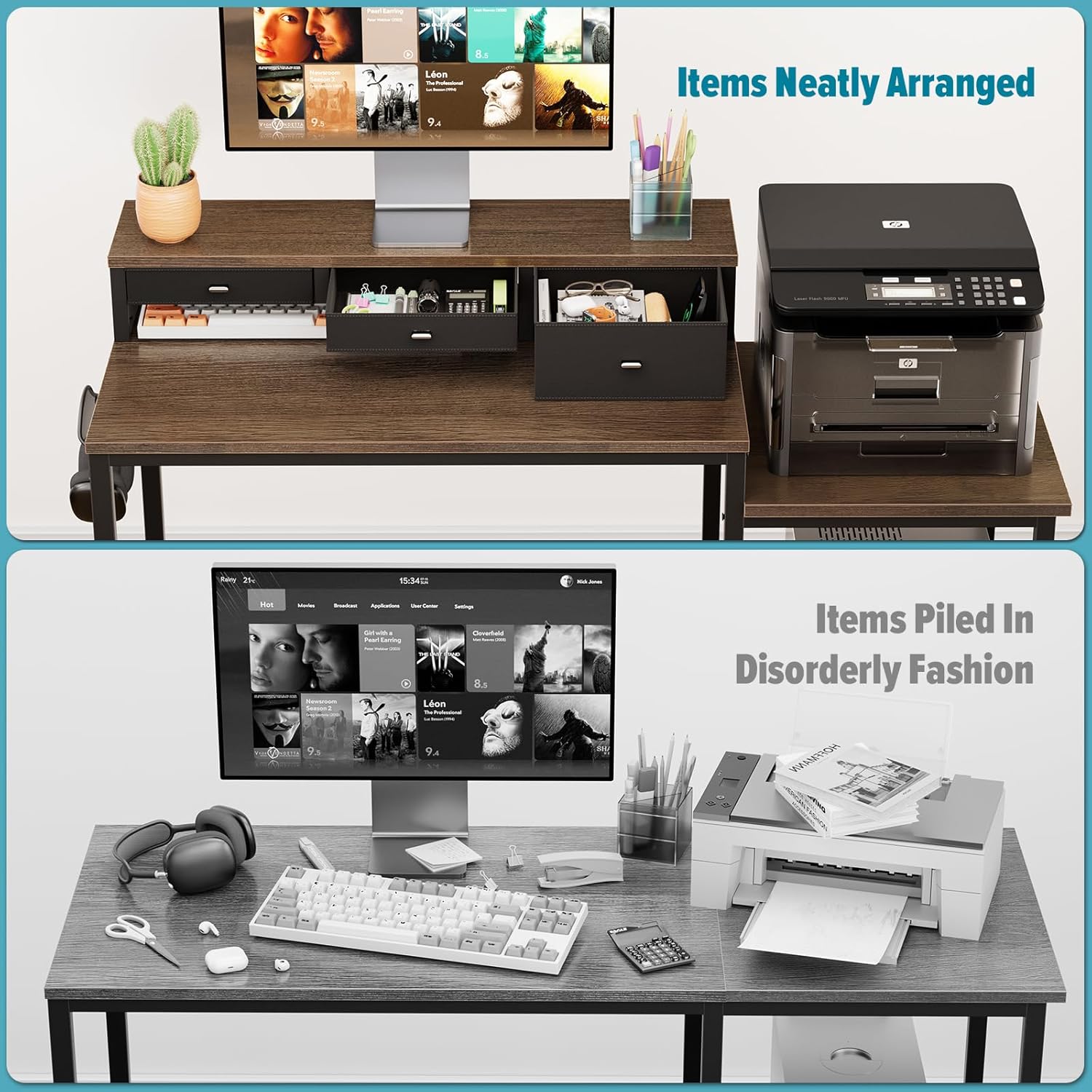 SINPAID 47 inch Computer Desk with Printer Shelf, Gaming Desk with Monitor Stand and Drawers, Reversible Home Office Desk with Storage Shelves and 2 Hooks, Home Workstation for Study Writing, Walnut