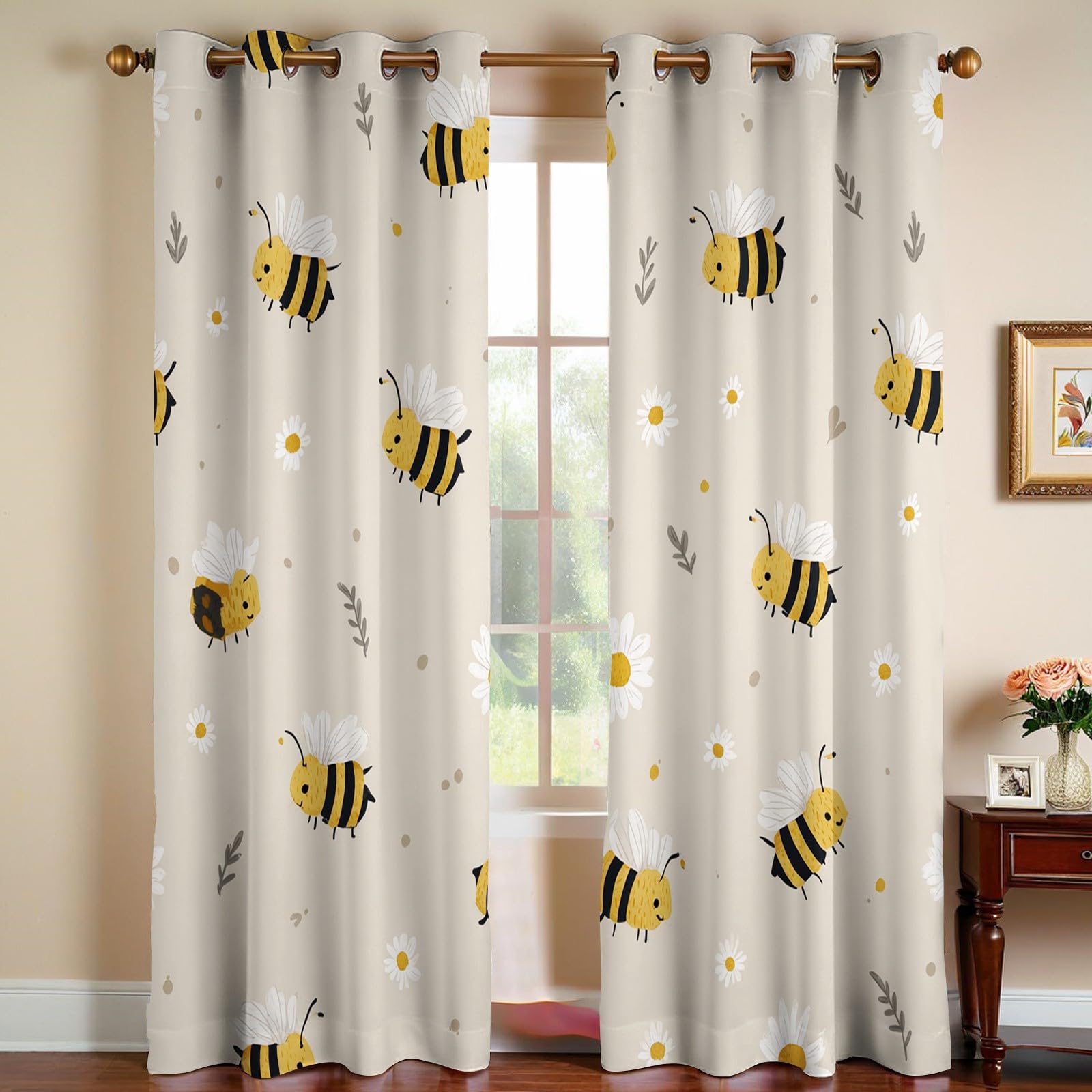 Hellbeige Thermovorhänge Blickdicht Cartoon Biene Gänseblümchen Verdunkelung mit Ösen, Wärmeschutz Schallschutz Gardinen für Kinderzimmer Jungen Mädchen, 2er Set H229 x B117 cm