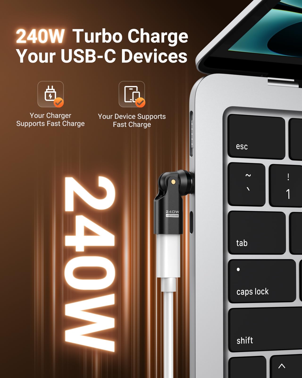 MoKo Adattatore Magnetico USB C 240W, Adattatore Magnetico USB-C con Rotazione a 180° 360°, Connettore da USBC a Tipo-C 90° ad Angolo Retto per iPhone 17 Air 16 15 Pro Max,MacBook/iPad,Galaxy, Bianco
