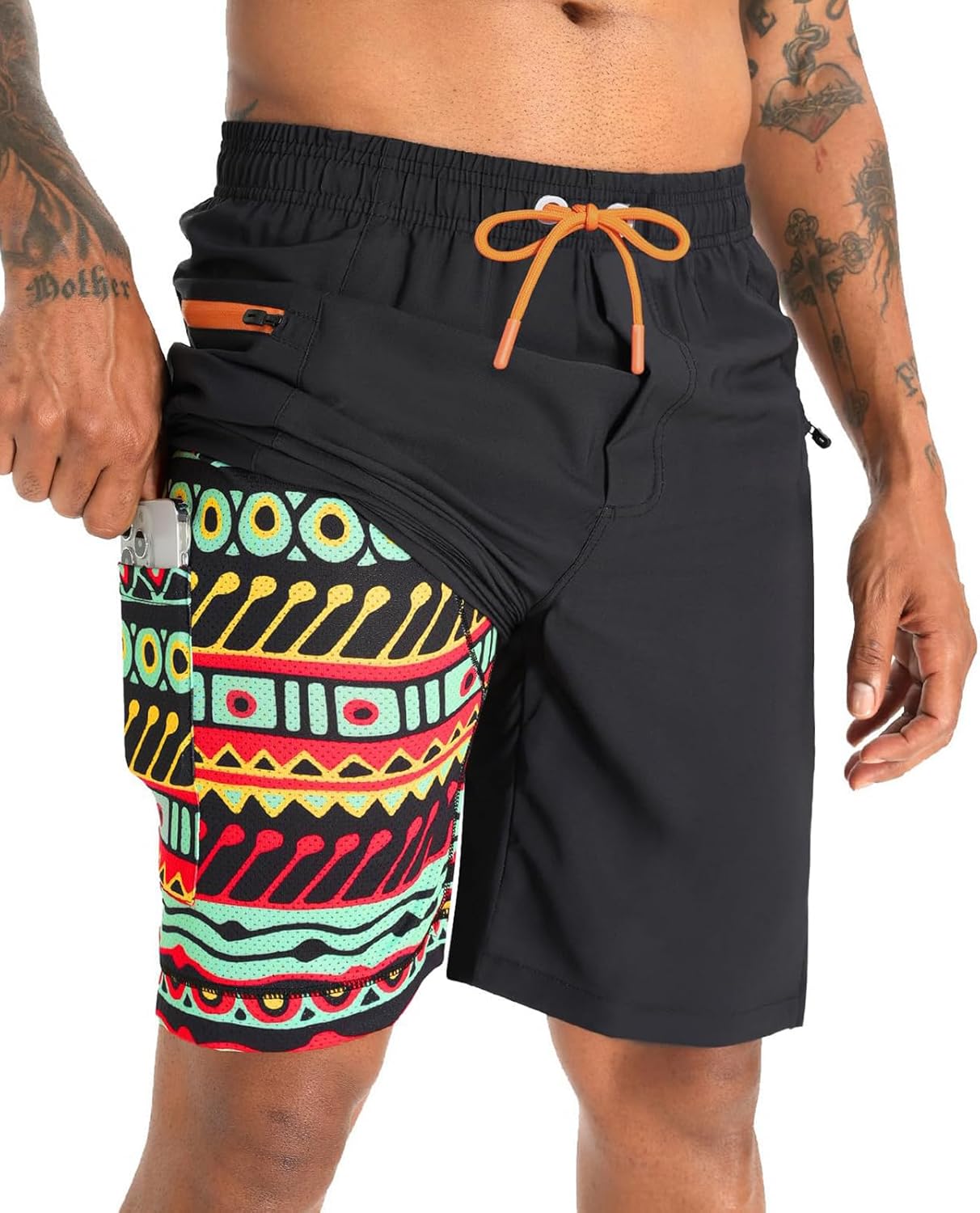 APTRO 2 in 1 Men's Swim Trunks 9" with Zipper Pockets Bathing Suit Built-in Board Shorts Swimwear Long Shorts