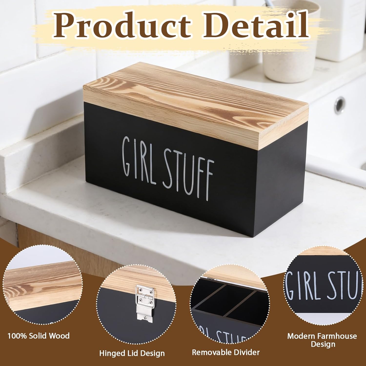 Bathroom Tampon Holder, Wooden Box With Lid, Covered Tray Organizer, Feminine Hygiene Storage Caddy for Countertop Vanity, Rustic Farmhouse Decor, Discreet Feminine Product Organizer for Guest Bath