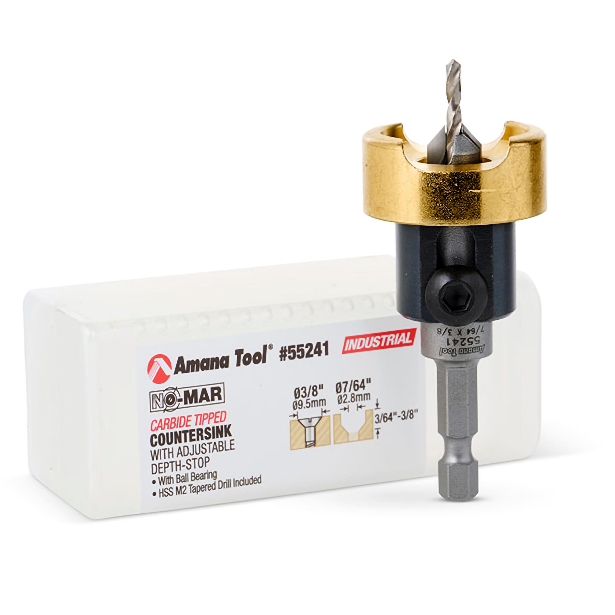 Amana Tool 82 Degree Countersink with Drill Bit Depth Stop and No-Thrust Ball Bearing, 55241, 3/8 D x 7/64 Drill D x 1/4 Inch Quick Release Hex Shank
