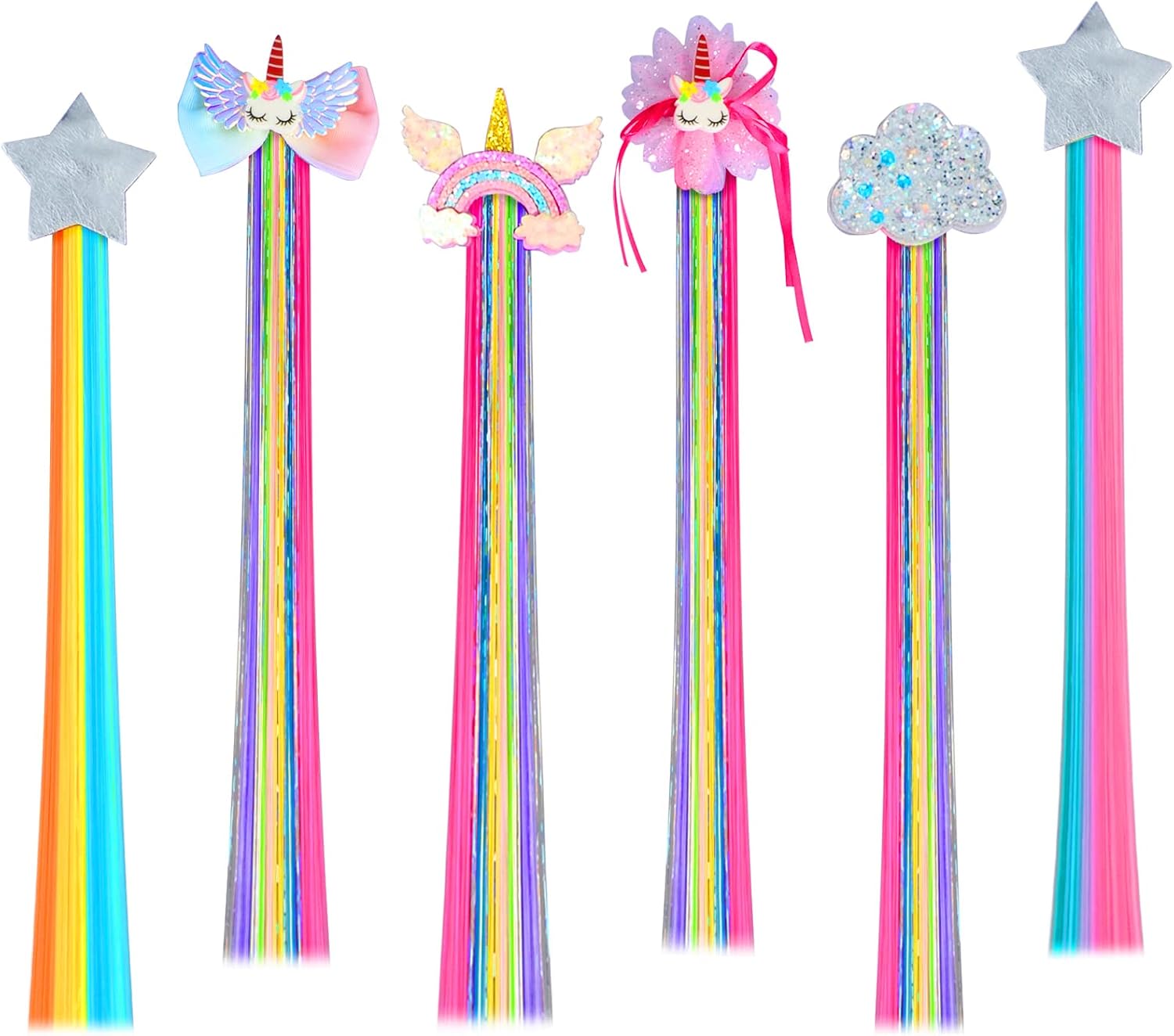 JIUAI Girls Hair Clips,6pcs Coloured Hair Extension clips,Little Girls Extension Hair,Unicorn/Rainbow/Shiny Star/Shiny Cloud Hair Clips,16 inch Rainbow Hair Extension for Girl Ponytail