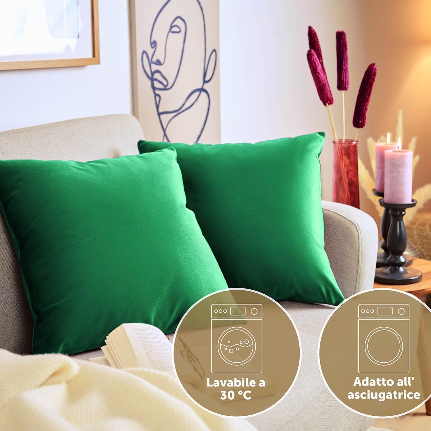 Blumtal Set di 2 Federe Cuscini Divano 30x50 cm in Velluto, con Chiusura Lampo Invisibile, Eleganti Copricuscini Divano in Morbido Velluto,Taglia 30 x 50, Verde Natura