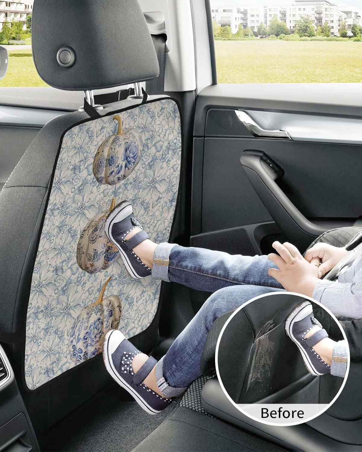 Car Seat Protector, 2 Pack Kick Mats Back Seat Protector Fall Thanksgiving Pumpkin with Blue and White Porcelain Floral Waterproof Backseat Cover for Kids Universal Fit Automotive Interior Protectors