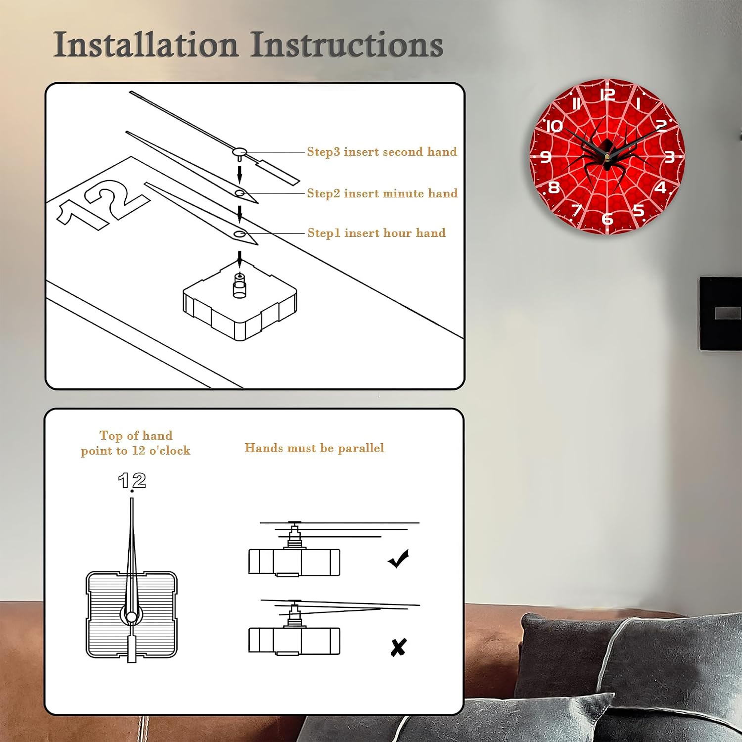 Wall Clock, 10 Inch Silent Non-Ticking Home Kitchen Decor, Battery Operated for Bathroom Bedroom Living Room Office(Red Spider Web)