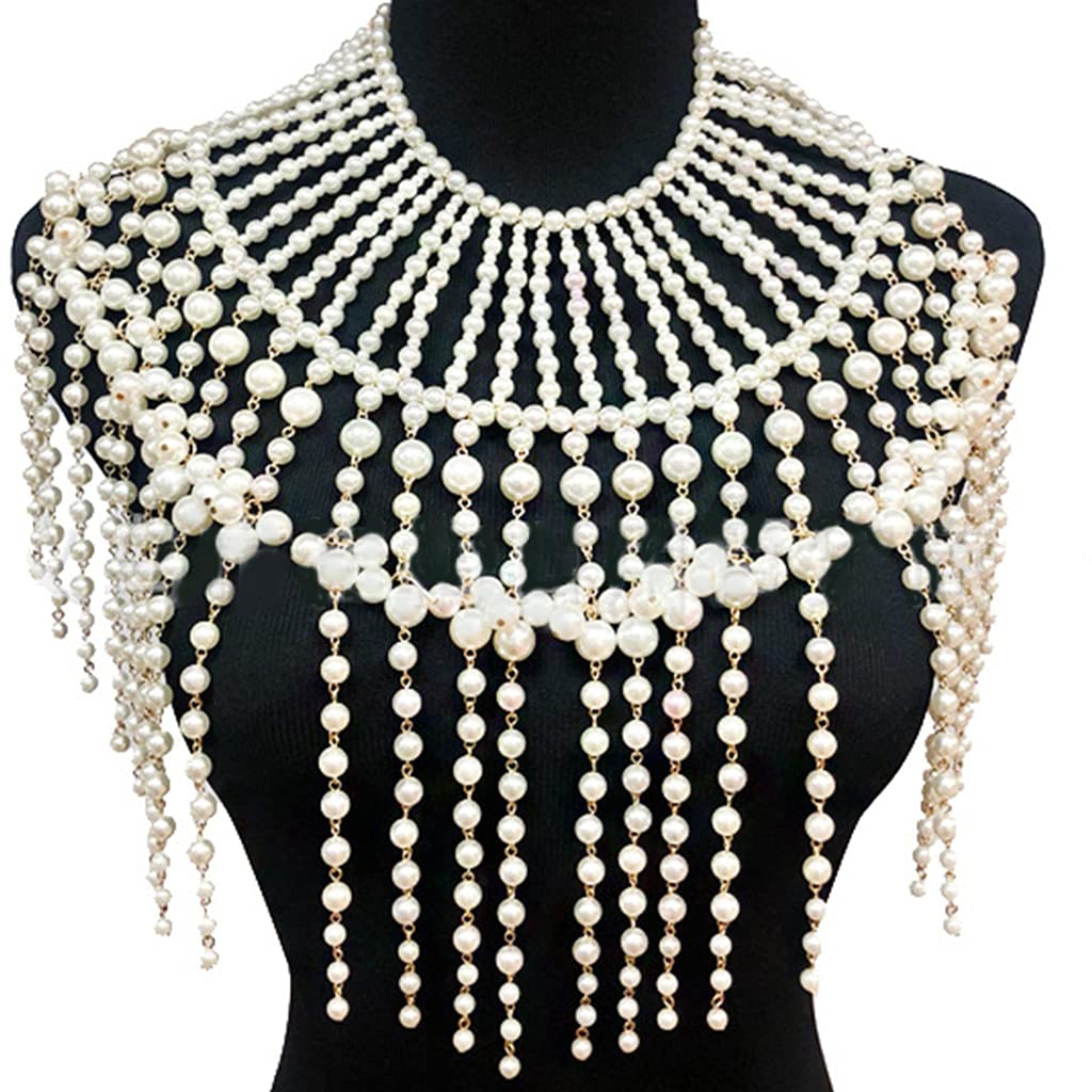 HANBOLI Women Necklace, Exaggerated Layered Jewelry Shoulder Body Chain Harness Pearl Beaded Fringed Tassel Bib Choker Necklace Fake Collar