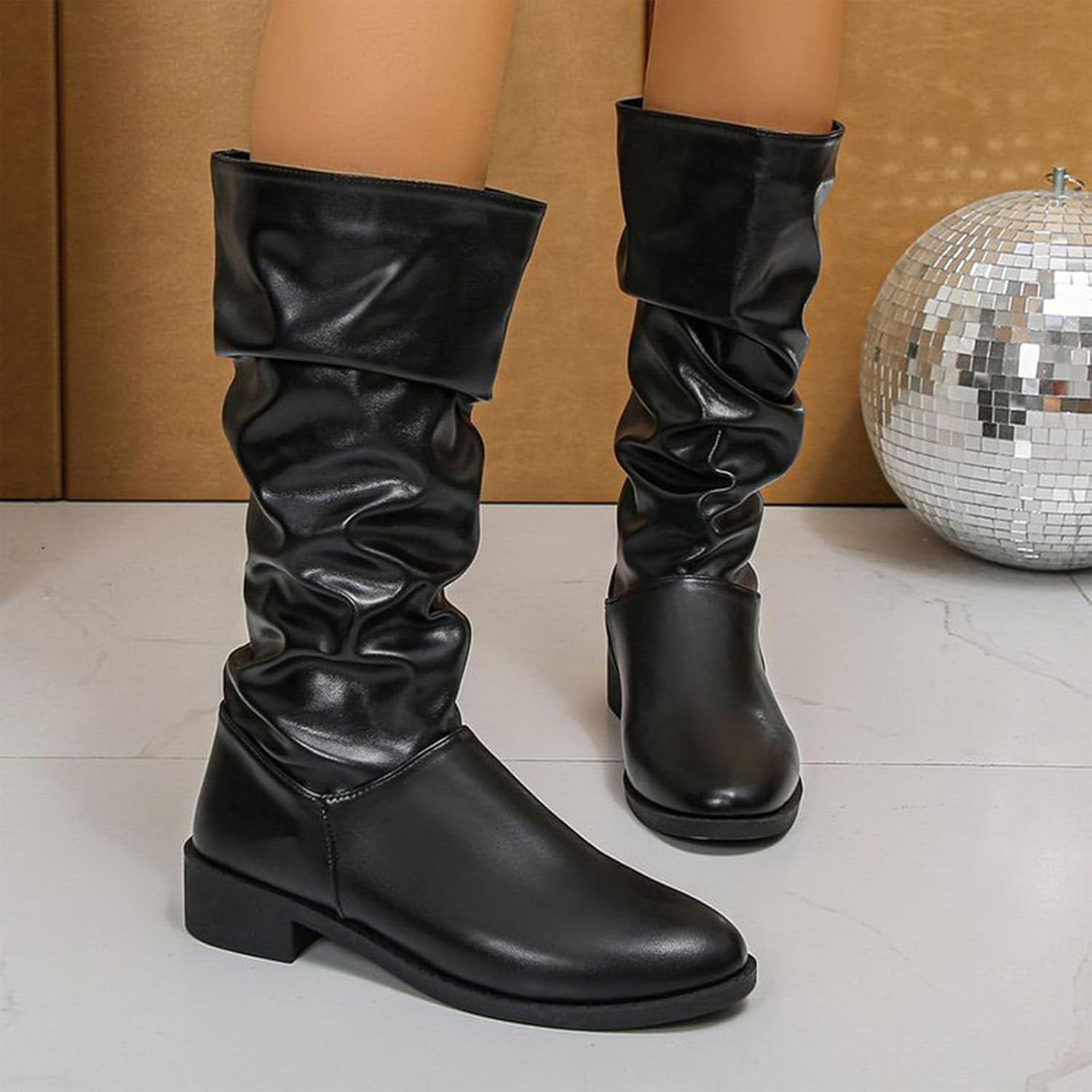 Wide Slouchy Wide Calf Boots for Lady:Fashion Basic Solid Color Cargo Booties Pull on Winter Warm Footwear Shoes