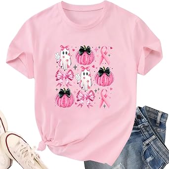 Breast Cancer Shirts Women Cancer Awareness T-Shirt Heart Pink Ribbon Tshirt Cancer Fighter Short Sleeve Blouse Top