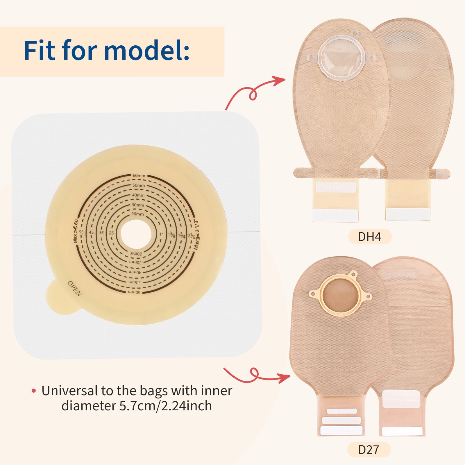Hautbarrieren für zweiteilige Kolostomiebeutel, Stoma-Barriere mit Vlies-Rand, zuschneidbar, max. 60 mm, 10 Stück